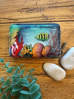 Anuschka Ocean Treasures Accordion Leather Wallet Credit Card Case EUC